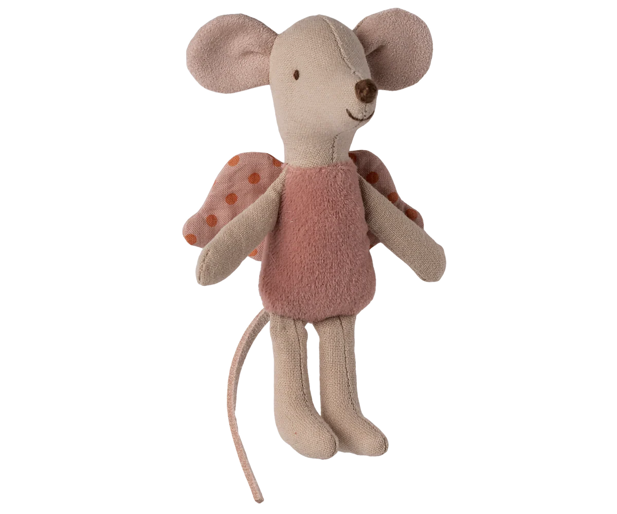 Stuffed Maileg fairy mouse toy with a pink dress on a white background
