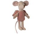 Stuffed Maileg fairy mouse toy with a pink dress on a white background
