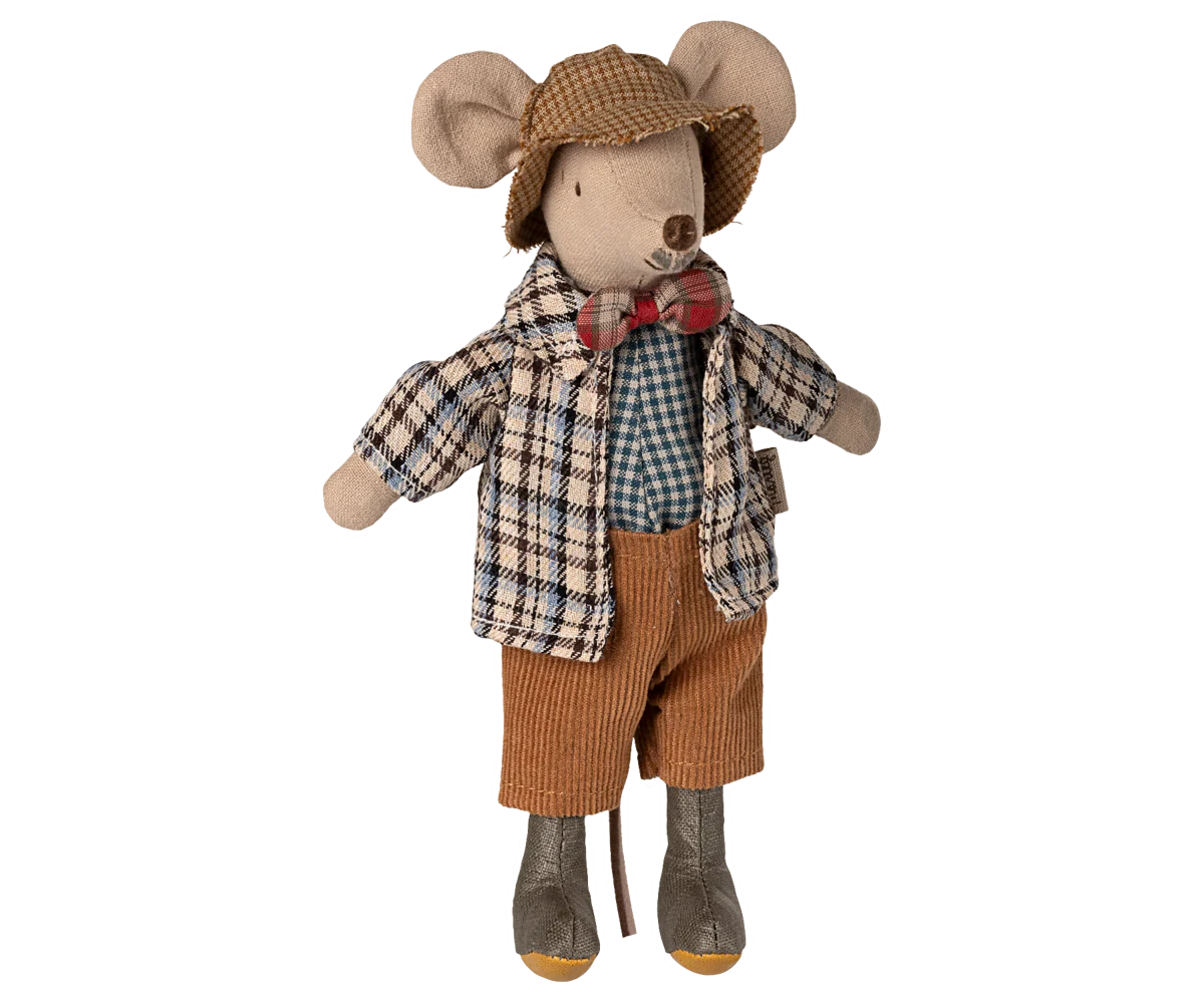 Maileg Stuffed mouse toy dressed as a granddad in a plaid shirt, bow tie, and brown pants on a white background