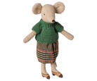 A plush mouse doll with large beige ears and legs, wearing a green knit top and a brown, black, and red plaid skirt, standing against a plain white background.