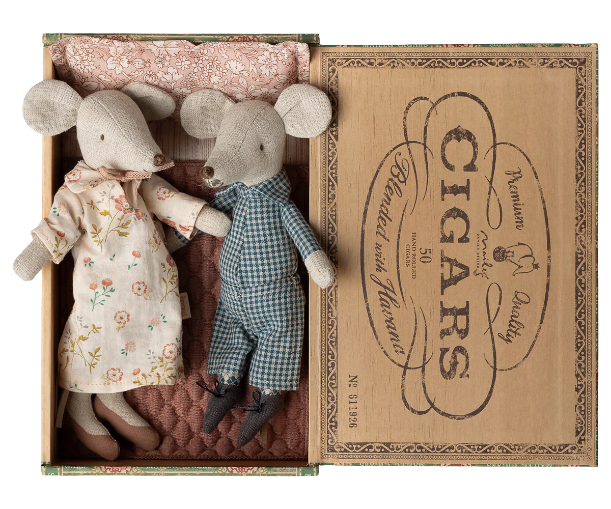 Two mouse figurines in a decorative box with 'Cigars' branding.