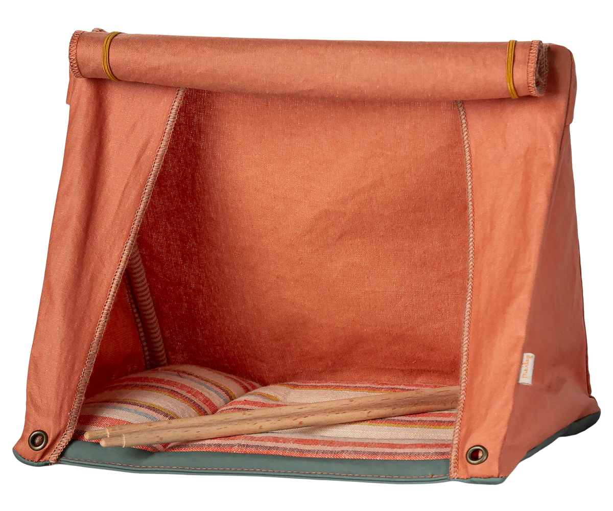 Maileg miniature Orange pet tent with striped cushion on a white background