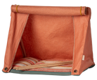 Maileg miniature Orange pet tent with striped cushion on a white background