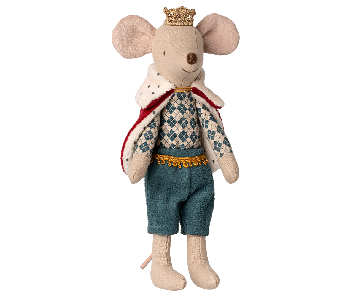 Maileg king Stuffed toy mouse in royal attire with a crown on a white background