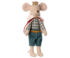 Maileg king Stuffed toy mouse in royal attire with a crown on a white background
