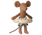 Stuffed maileg mouse toy holding a life buoy on a white background