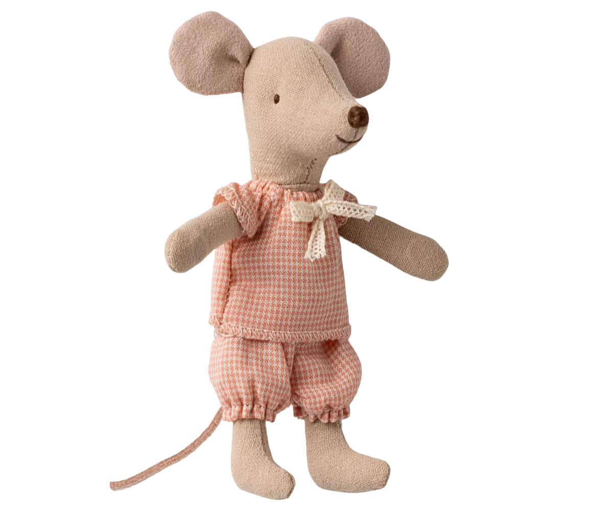Stuffed Maileg mouse toy wearing a pink checkered outfit on a white background