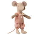 Stuffed Maileg mouse toy wearing a pink checkered outfit on a white background