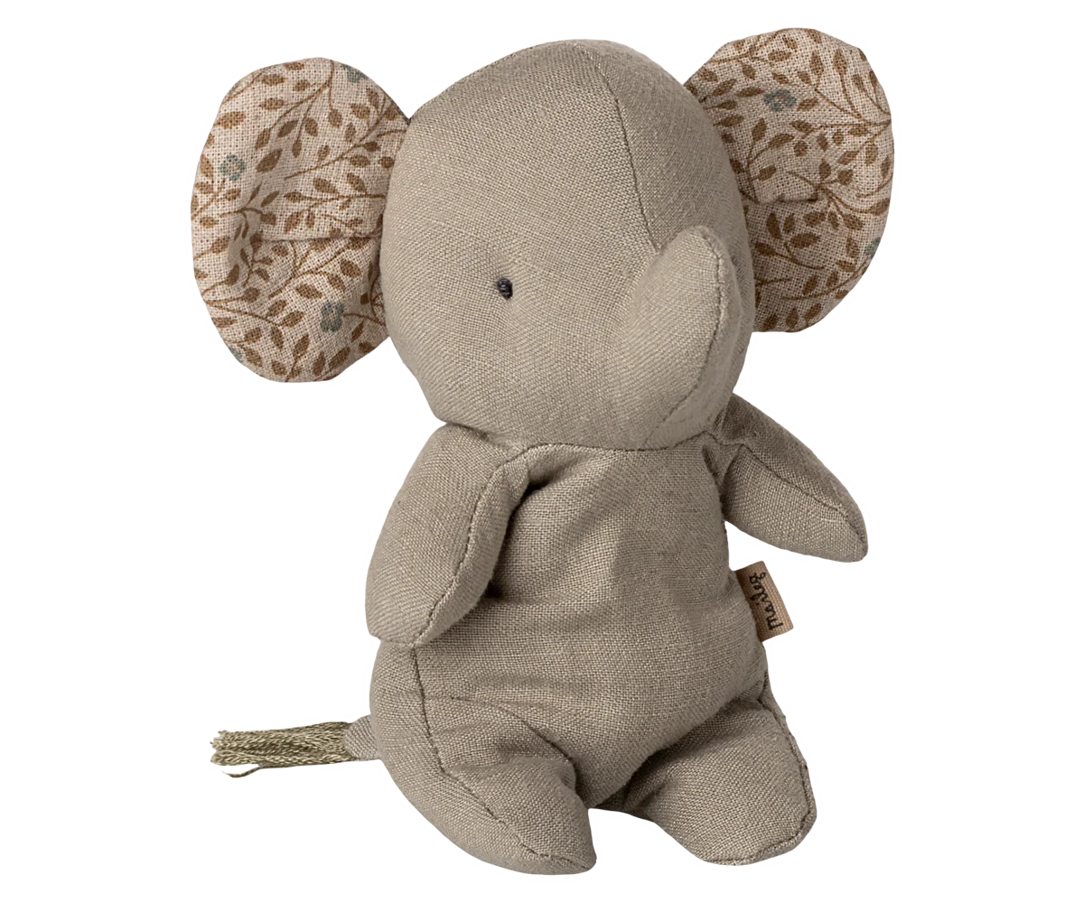 Textured elephant plush toy with patterned ears on a white background