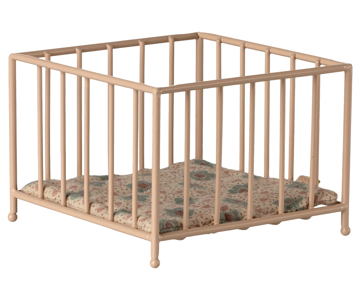 Maileg playpen, baby mice - Rose Beige metal crib with floral-patterned mattress on a white background