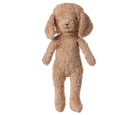 Maileg plush  stuffed dog toy in dusty powder wearing a scarf on a white background
