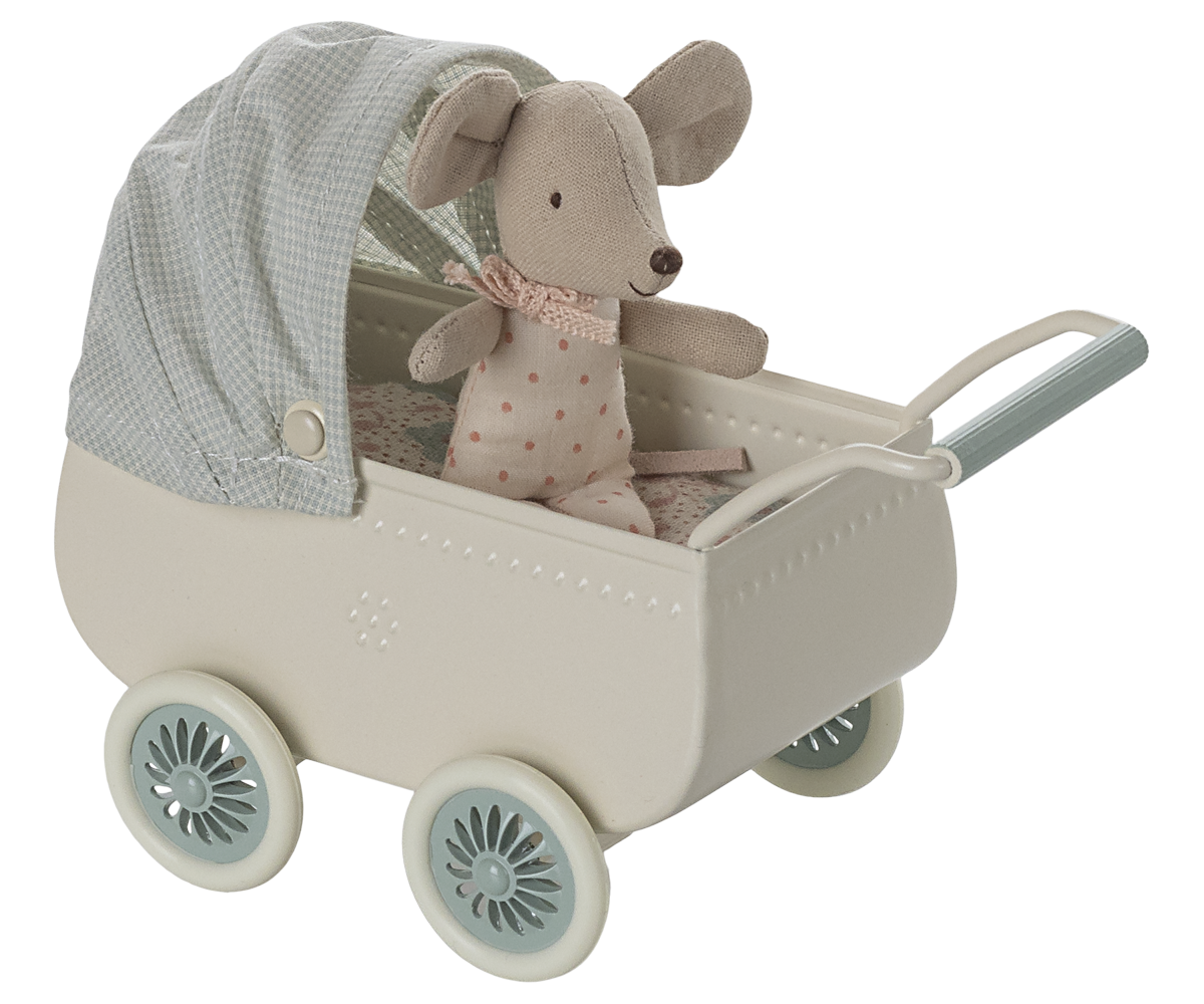 Maileg pram blue with baby mouse 