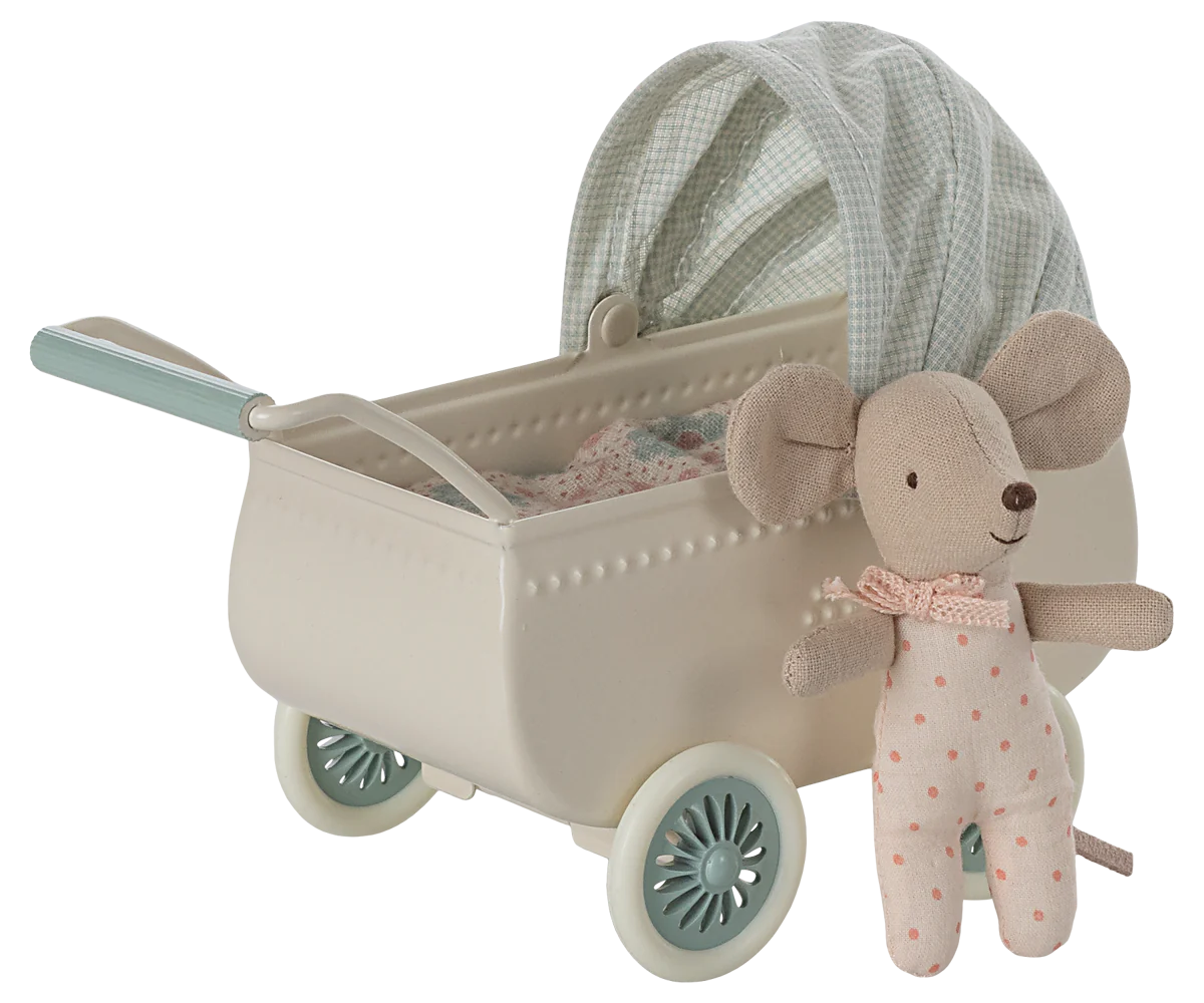 Maileg pram blue with baby mouse 