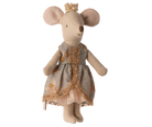 Stuffed mouse toy dressed as a princess with a crown on a white background
