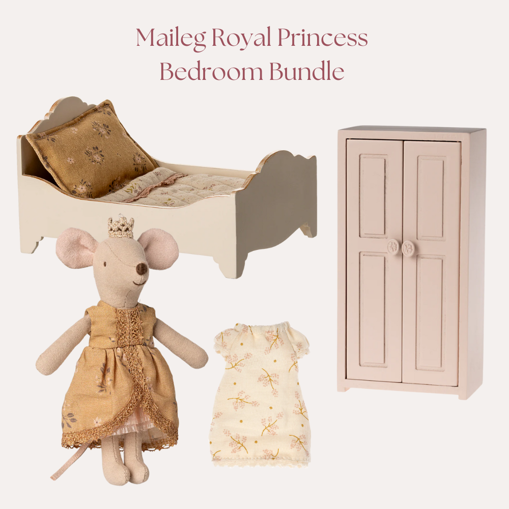 Maileg Royal Princess Bedroom Bundle with bed, mouse doll, and wardrobe on a white background