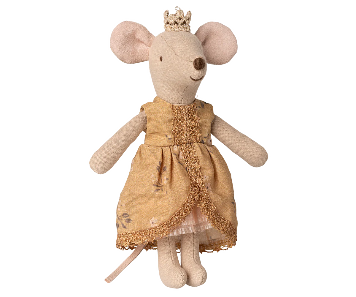 Stuffed mouse toy wearing a yellow dress and crown on a white background