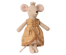 Stuffed mouse toy wearing a yellow dress and crown on a white background