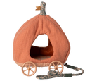 Pumpkin-shaped carriage for maileg mice a wheels and a handle on a white background