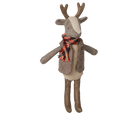 A plush reindeer toy with brown antlers and legs, a beige face and belly, and a brown vest, wearing a red, orange, and black patterned scarf, isolated on a white background.