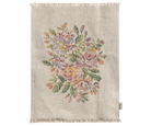 A small floral-patterned rug for a dolls house, made of cotton linen, with a colorful depiction of flowers.