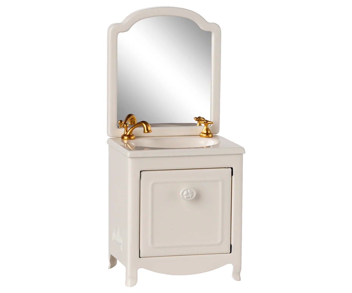 Maileg miniature White vanity with mirror and gold fixtures on a white background