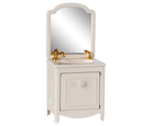 Maileg miniature White vanity with mirror and gold fixtures on a white background
