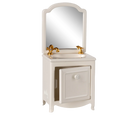 Maileg dolls house Bathroom vanity with mirror and gold fixtures on a white background