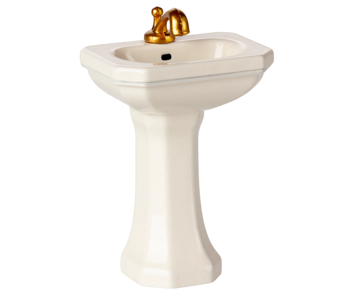 Maileg toy Pedestal sink with gold faucet on a white background