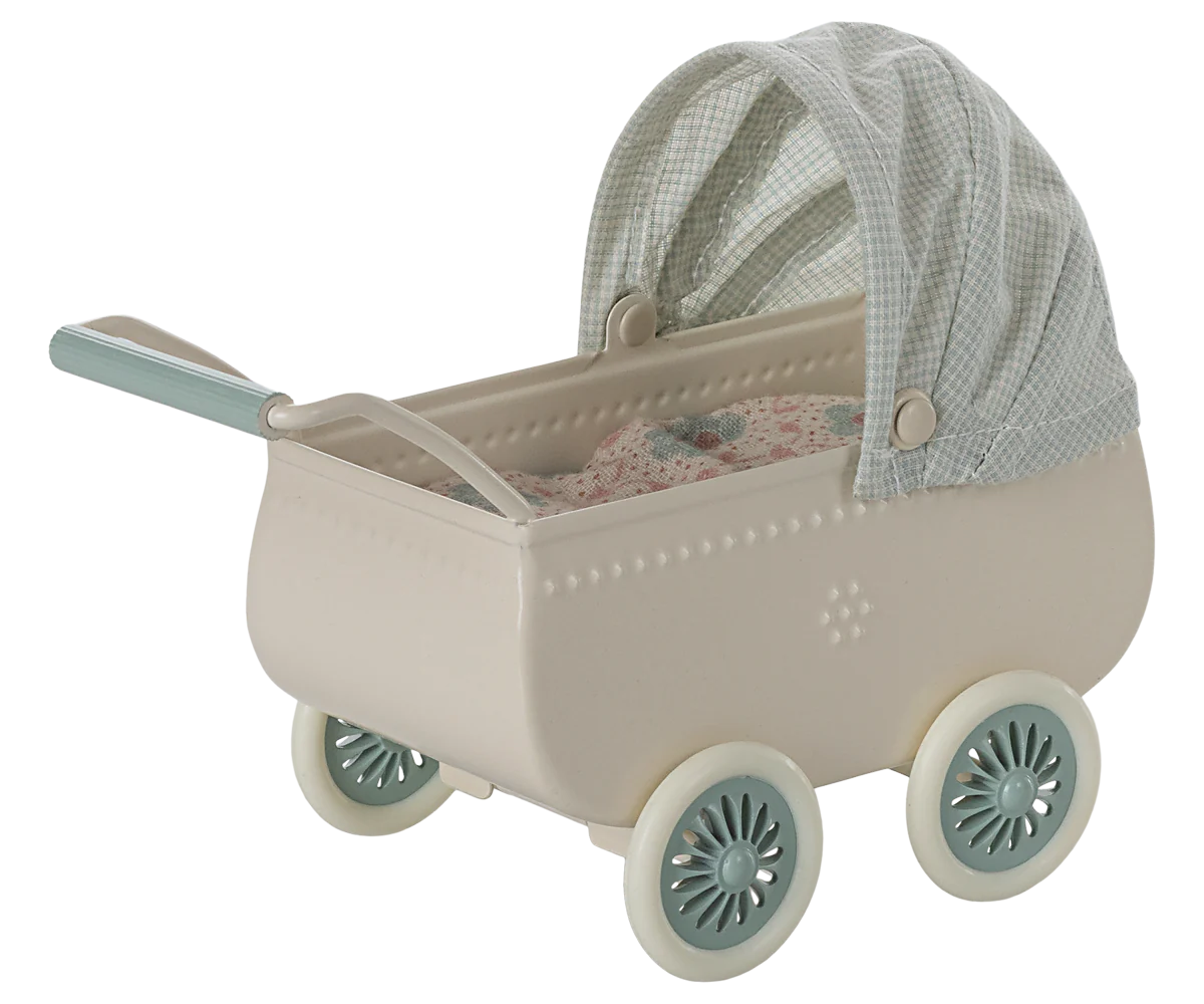 blue pram maileg with bedding and mouse
