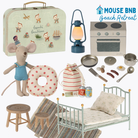Collection of miniature furniture and toys with 'Mouse BNB Beach Retreat' branding.