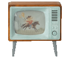 Maileg toy dolls house Vintage-style television with a cartoon of a boy riding a horse on the screen.