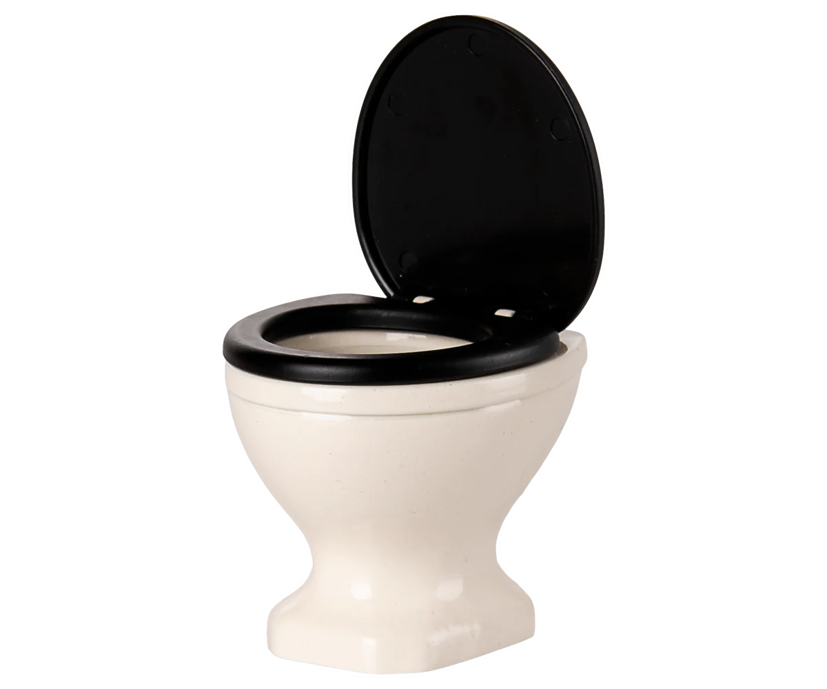 Maileg mouse toy Toilet with black seat and cover on a white background