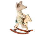 miniature Maileg Wooden rocking horse with a little brother mice for dolls houses with a white background