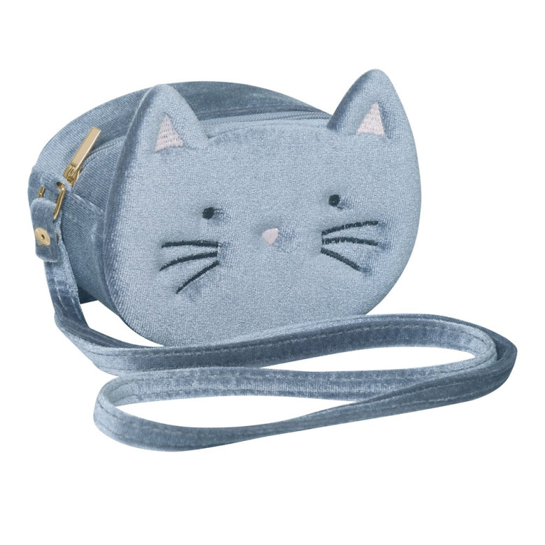 grey cat-shaped crossbody bag on a white background
