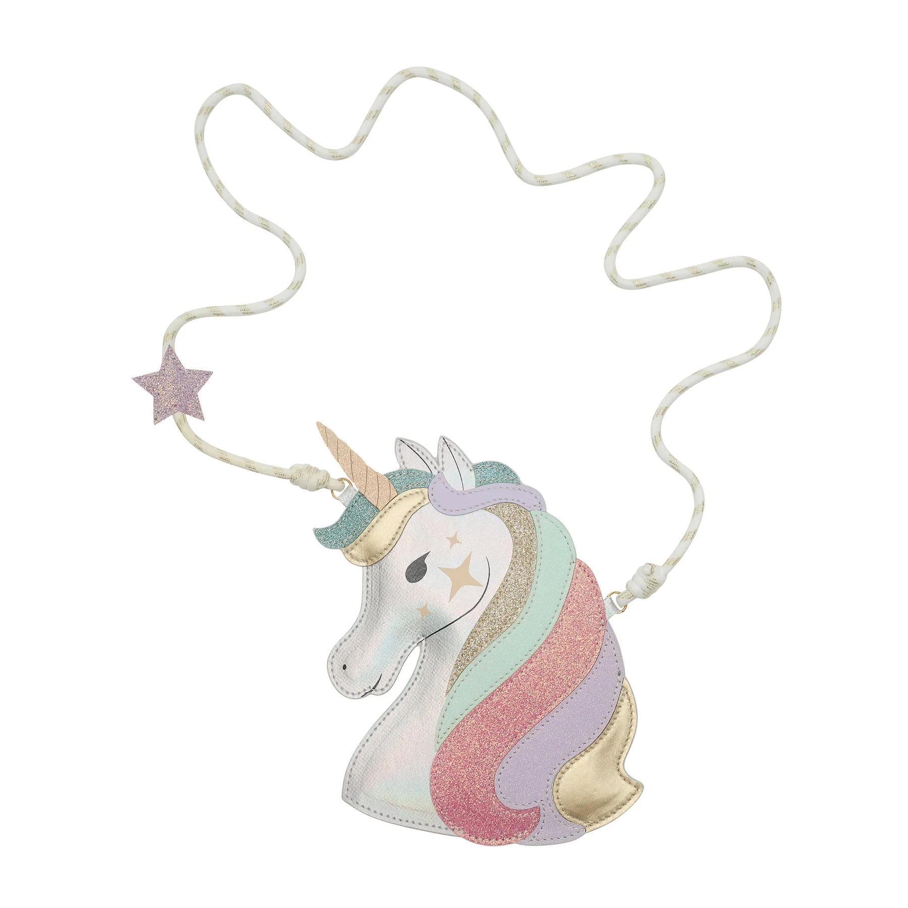 Unicorn-shaped childs bag with a string on a white background
