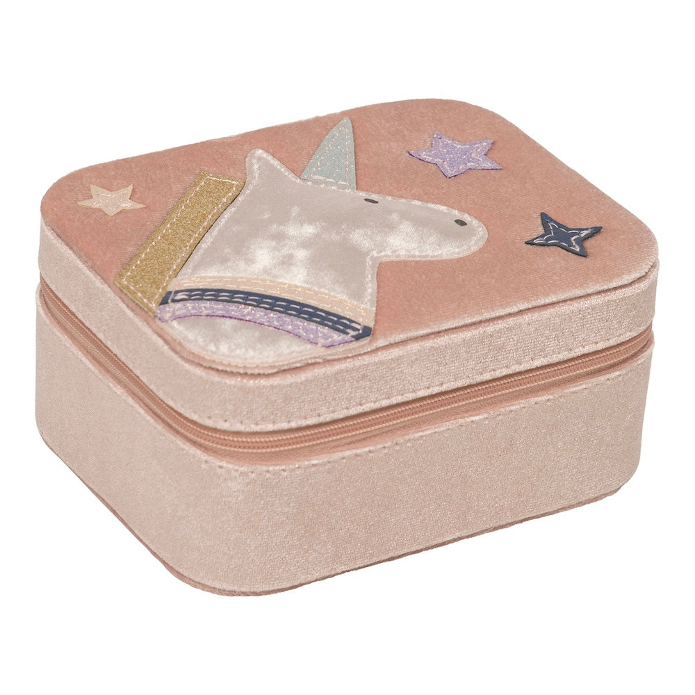 Small pink jewelry box with unicorn design on a white background