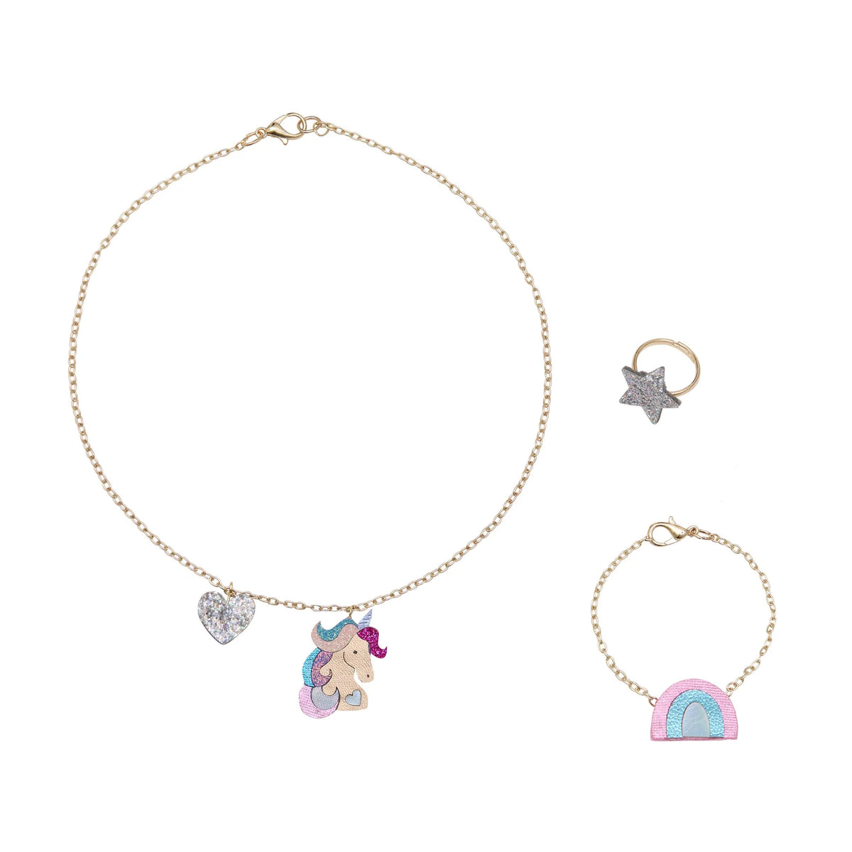 Jewelry set with unicorn pendant, heart charm, star ring, and rainbow bracelet on a white background