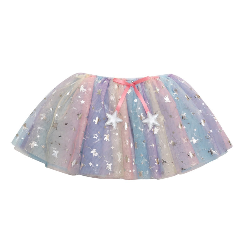 Pastel-colored tutu skirt with star and unicorn patterns on a white background