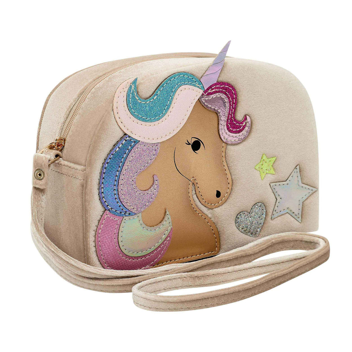 Children's crossbody bag with a unicorn design on a beige background