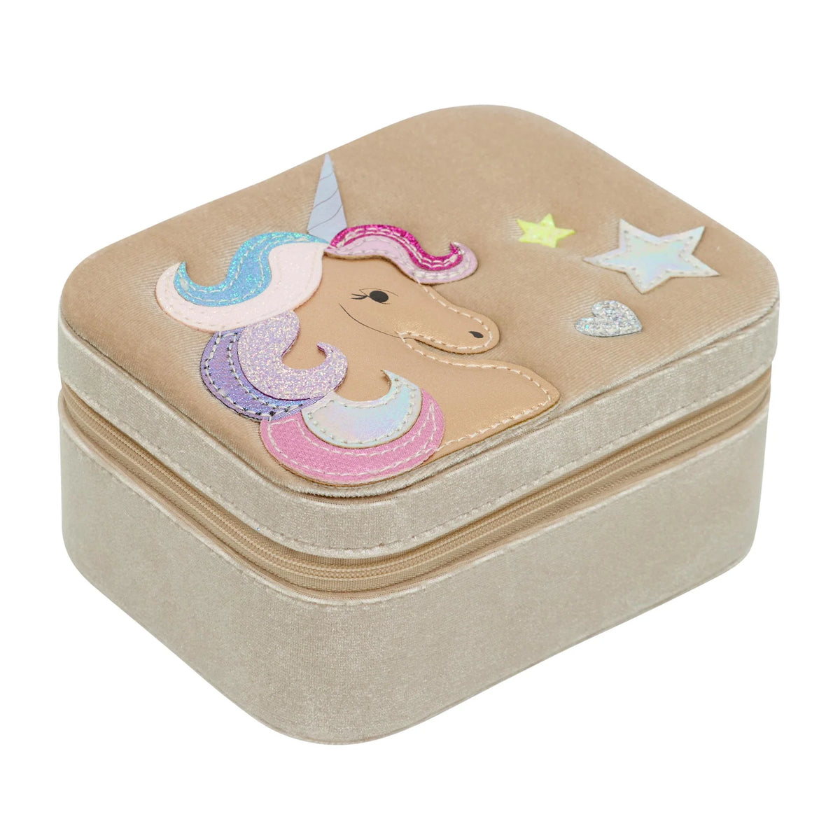 Beige jewelry box with a unicorn design on a white background