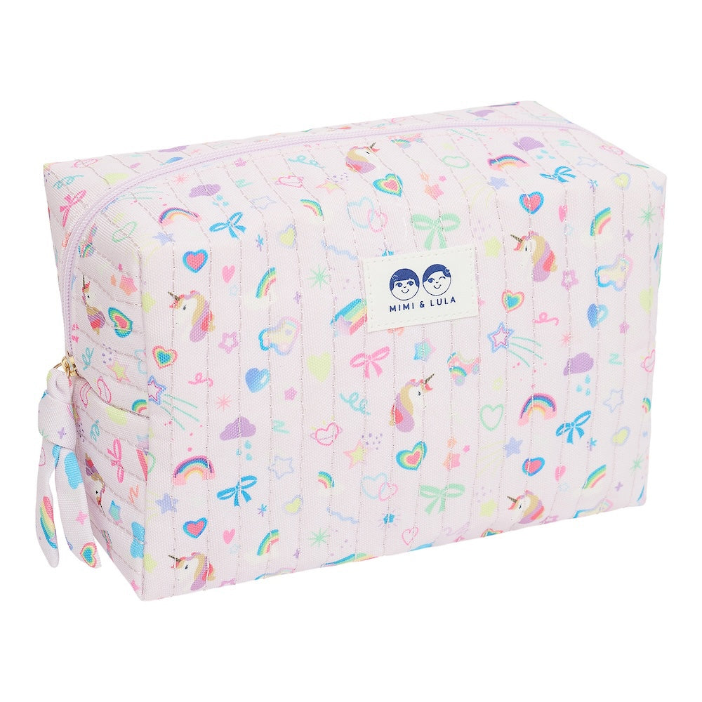 Colorful toiletry bag with unicorn and rainbow pattern on a white background