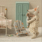 Miniature MAILEG bedroom scene with stuffed MOUSE characters in a room.