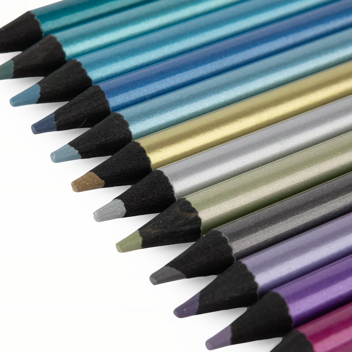Moulin Roty Set of colored pencils with metallic sheen on a white background