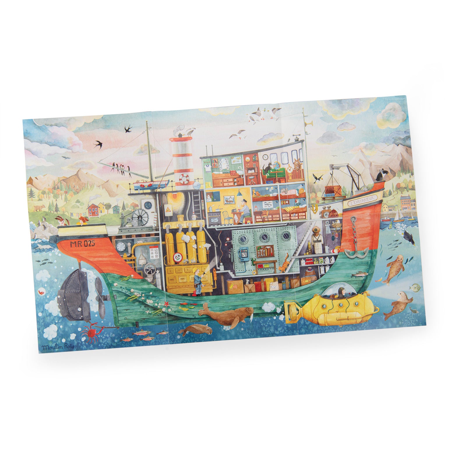 Colorful puzzle box with a ship design on a white background
