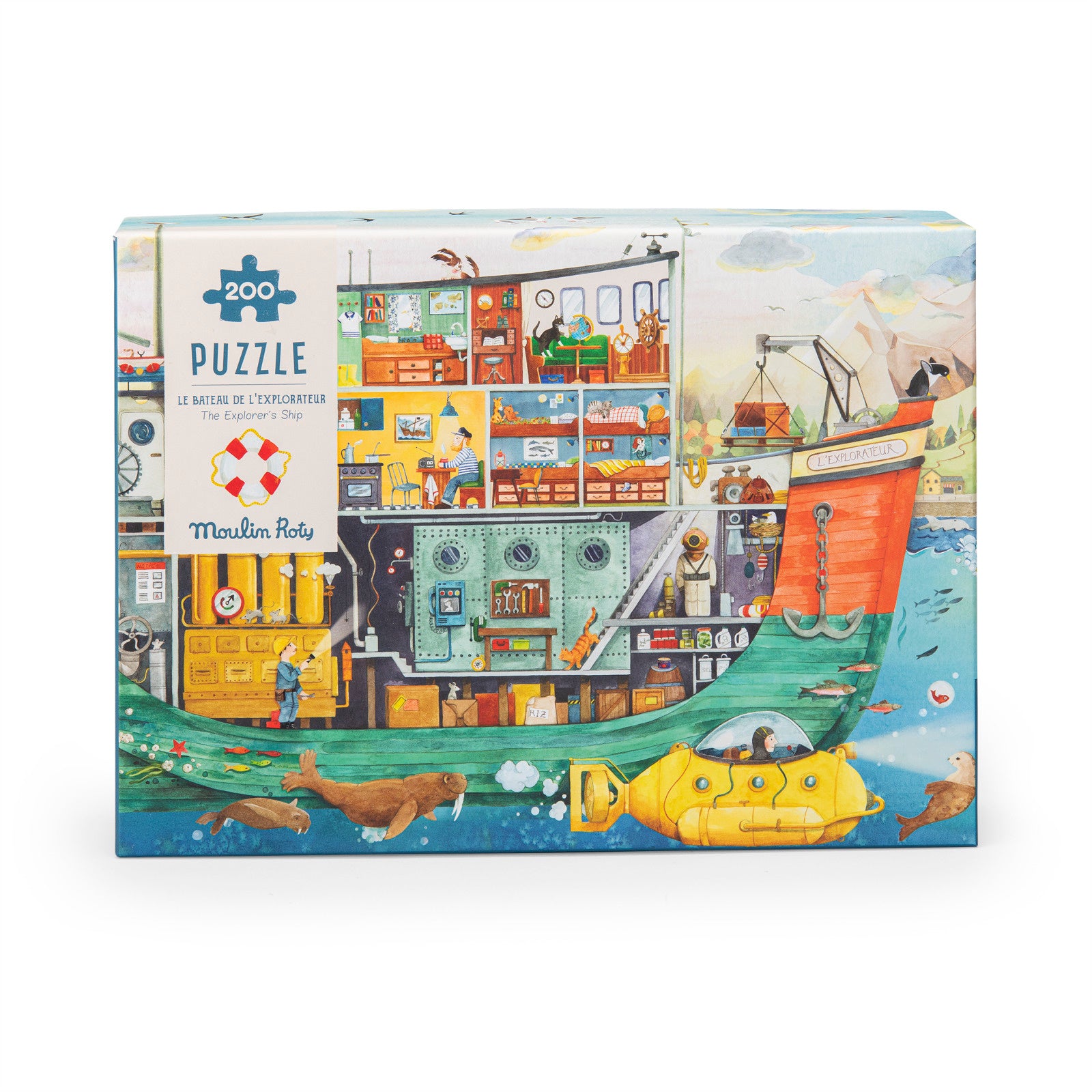 Puzzle box with colorful illustration of a boat and building, featuring the brand 'Moulins Roty'.