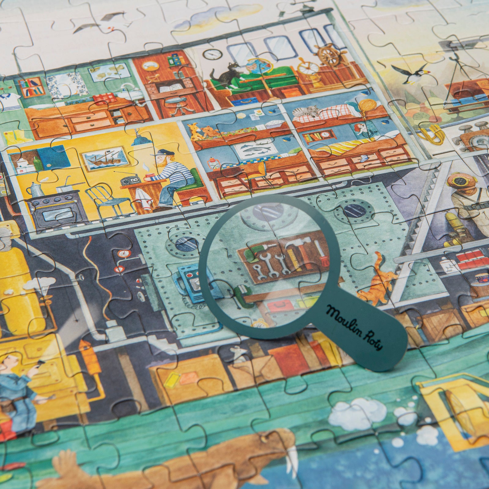 Colorful puzzle with a magnifying glass 