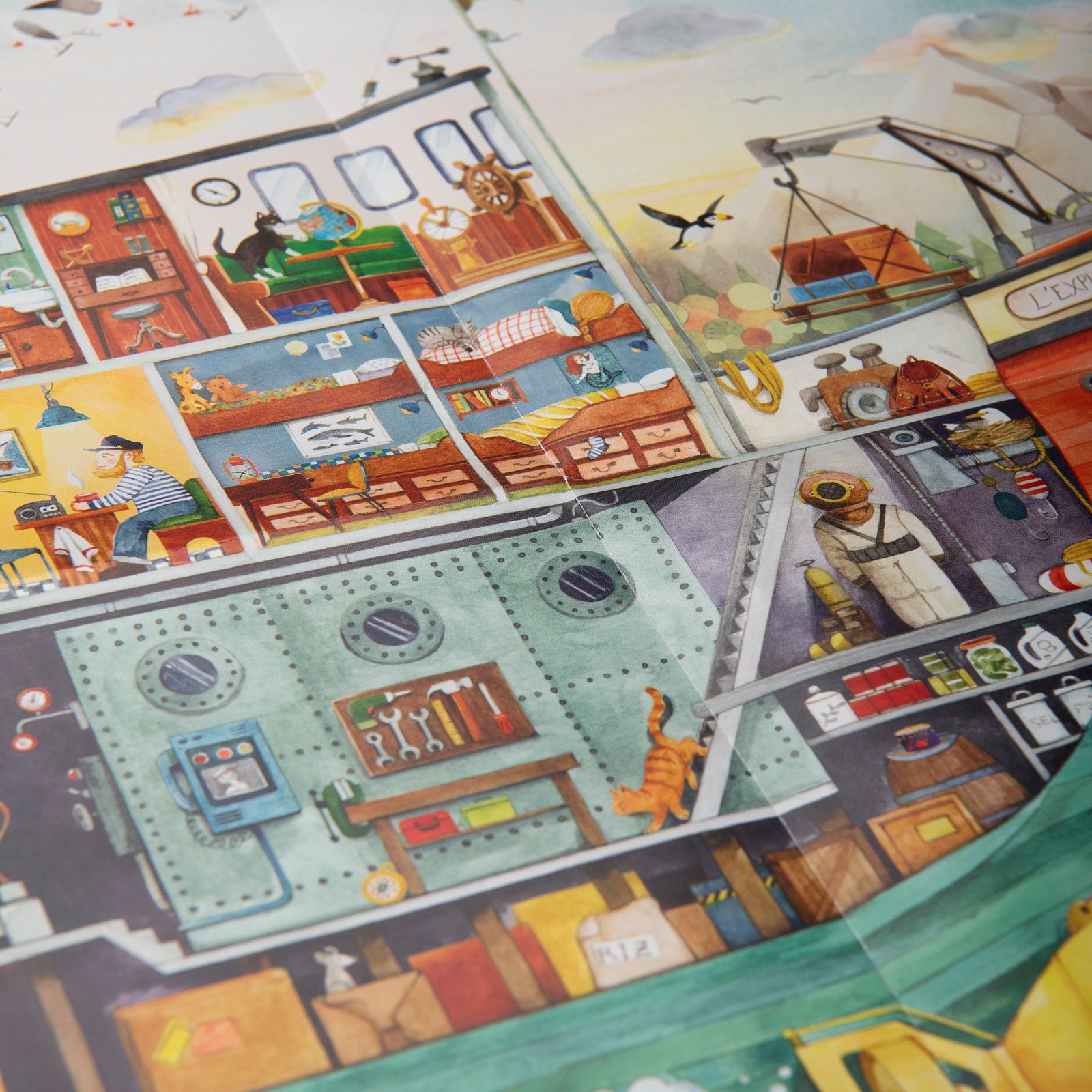 Illustrated pages from a children's book with various scenes and objects.