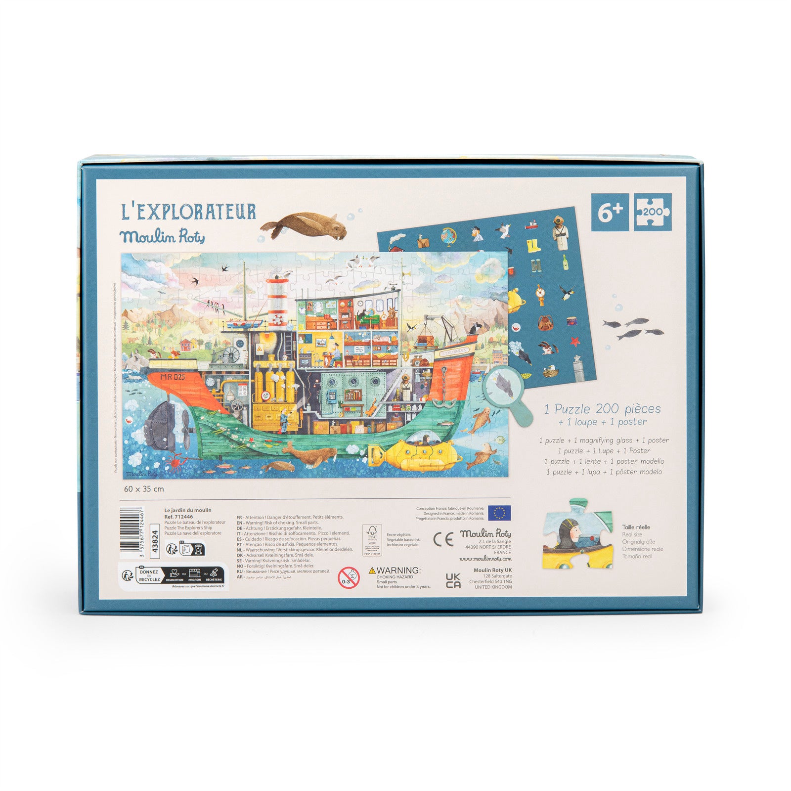 Puzzle box with colorful illustration of a boat and sea-themed elements on a white background