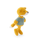 A plush toy fox wearing a muted sage green t-shirt, standing on a white background.