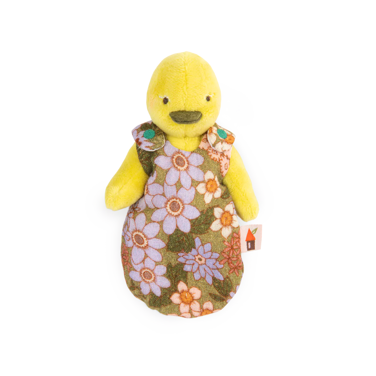 Moulin roty Plush toy duck wearing a floral dress on a white background